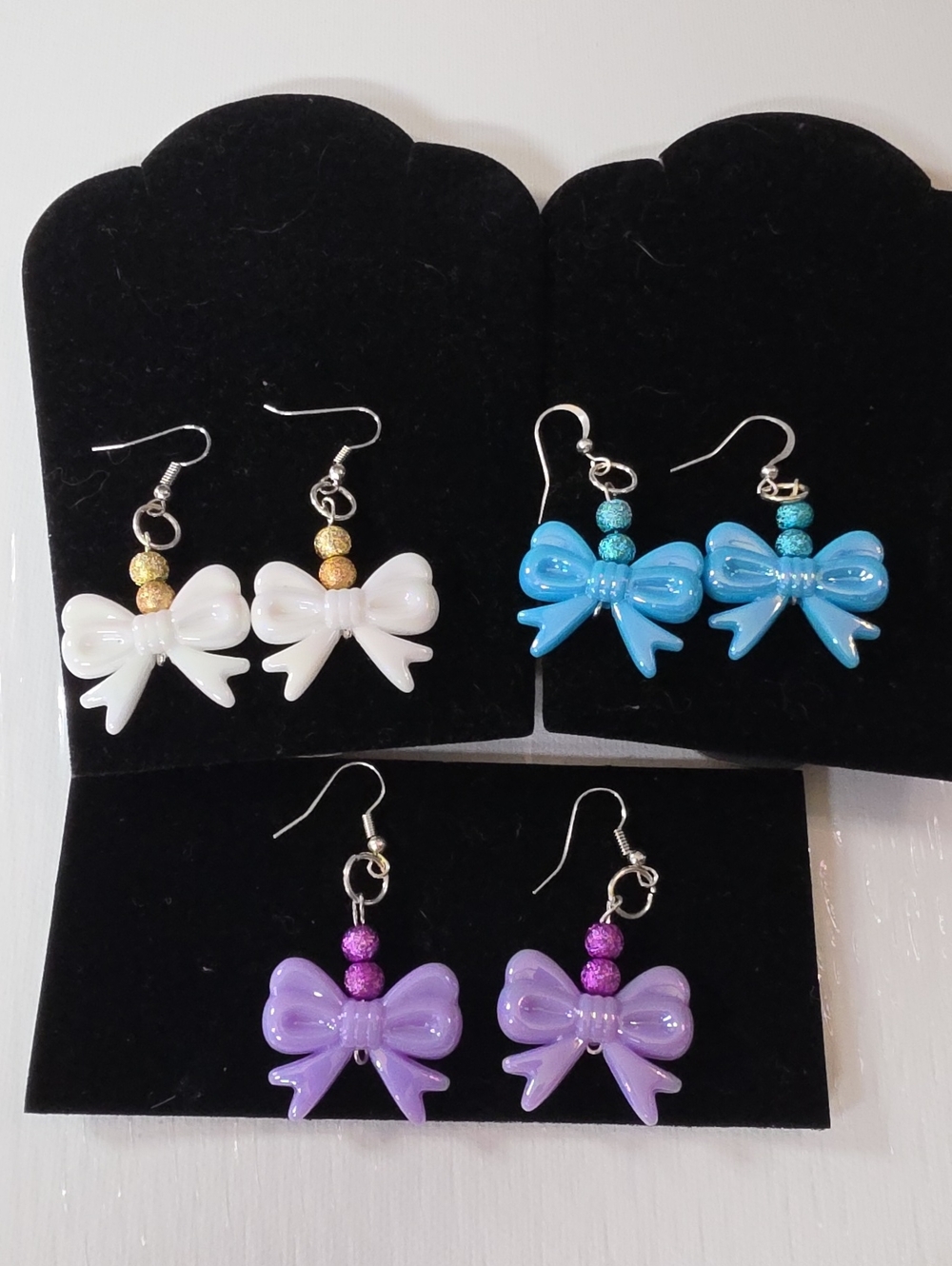Kids Bow Dangle Earrings - White, Blue, Purple